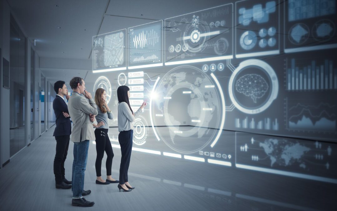 People using a touchscreen. Blockchain technology?