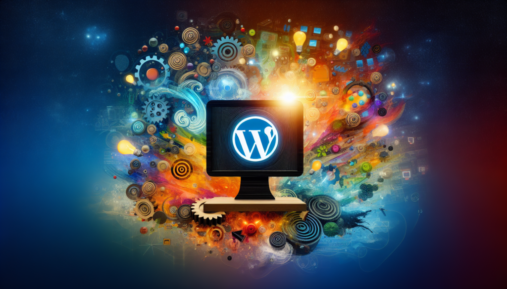 WordPress logo on a computer screen surrounded by various colors.