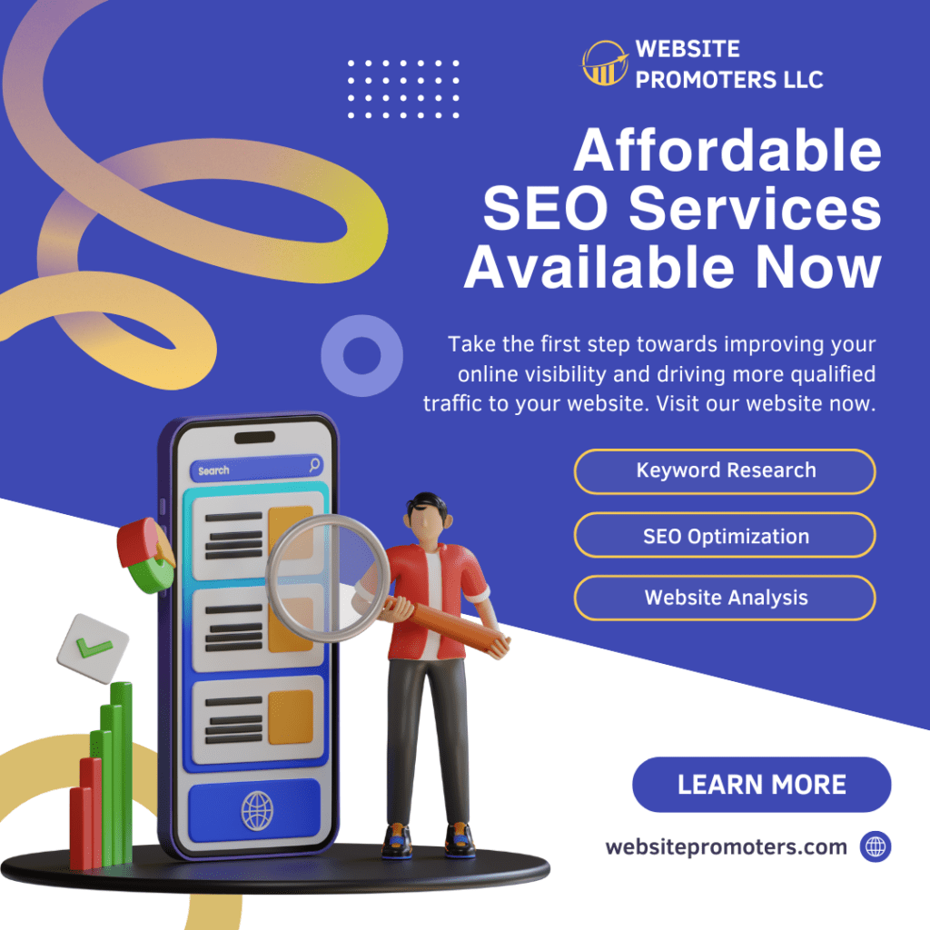 Affordable SEO Services image. A magnifying glass held up to a cellphone website.
