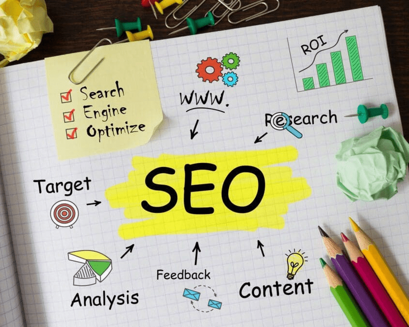SEO visually described in a notebook.