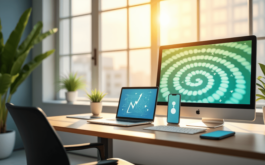Images on computers and a phone. One image is a spiral. Another image is an arrow going up and to the right.