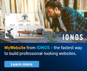 A banner advertisement for IONIS. A man looking at a website about selling furniture.
