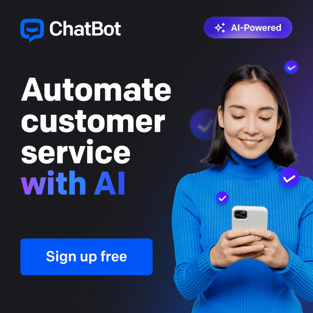 Chatbot affiliate link. A woman holding a phone.