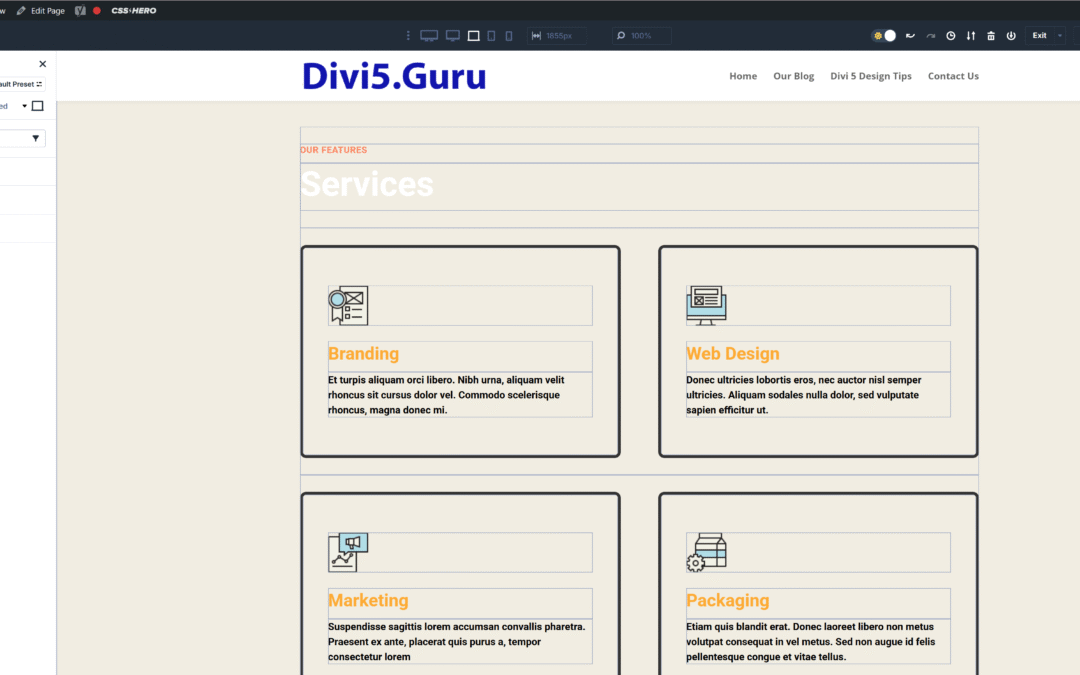 The page, row or section settings are dockable on the left or right side of the screen.