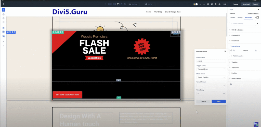 This is what the UI should look like after the Divi 5interaction has been set.