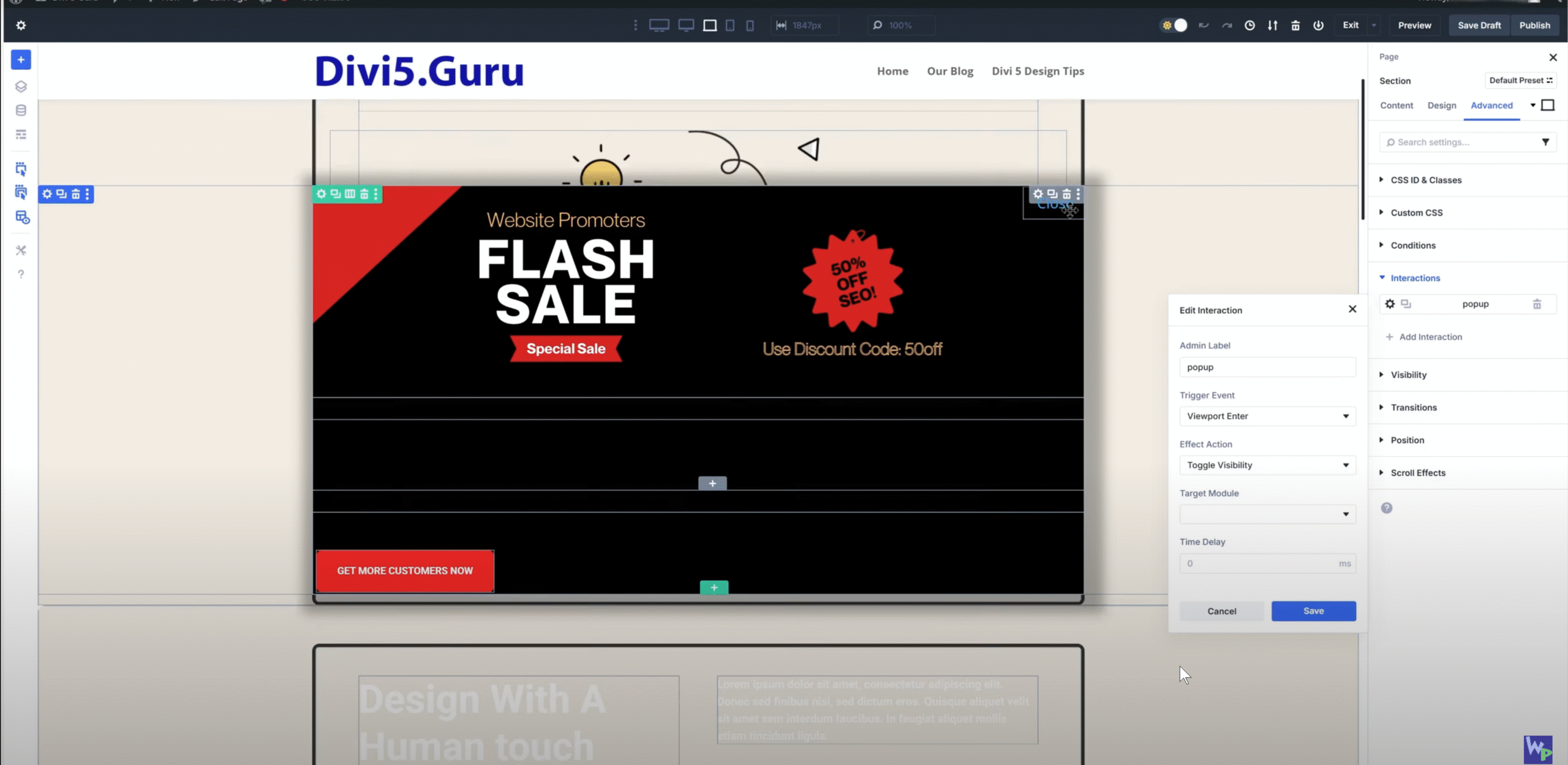 This is what the UI should look like after the Divi 5interaction has been set.