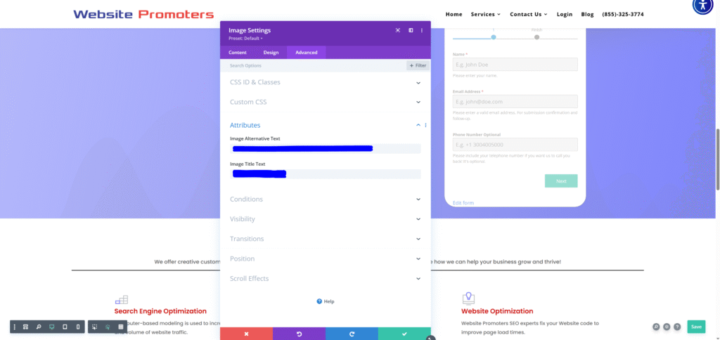 What is the purpose of image alt texts? What is the purpose of image alt texts? They clarify to search engines the content and purpose of the webpage. Image alt texts and titles can easily be changed in WordPress using a theme builder such as Divi as seen here for each image on a page.