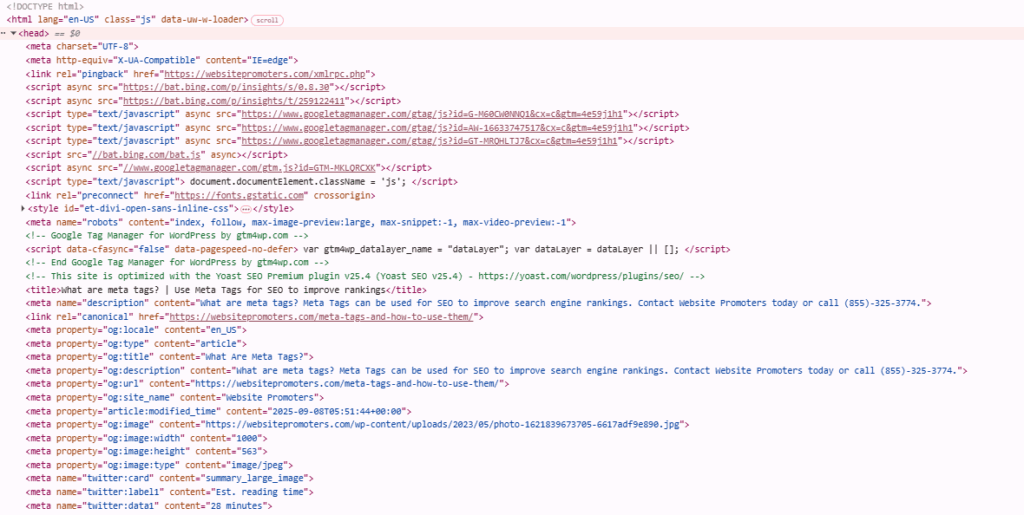 The meta tags for this page. Meta tags are the tags with the word meta between brackets. They are data about data.