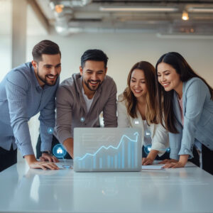 Orange County SEO Company | OC SEO Experts Delivering Real Results Team of digital marketing professionals from an Orange County SEO company reviewing website analytics on a smartphone, with rising graph visuals symbolizing successful SEO and web design strategies that drive online growth and conversions.