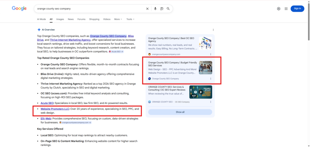 Website Promoters appearing in AI search results in Google. AI in SEO is crucial for organic SEO.