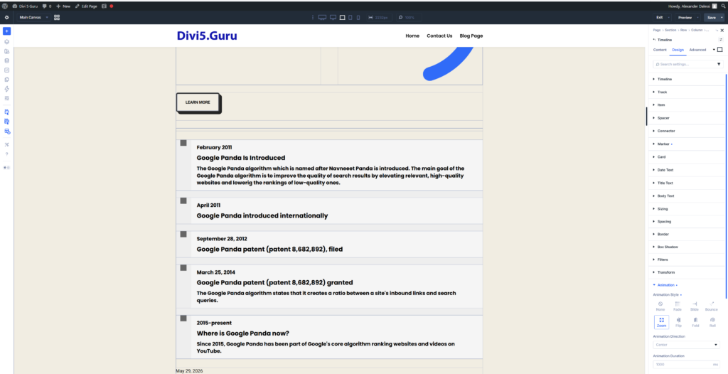 Divi 5. The timeline module is one of the newest additions to Divi 5. This is an example of th etimeline module in use displaying a timeline of the Google Panda module.